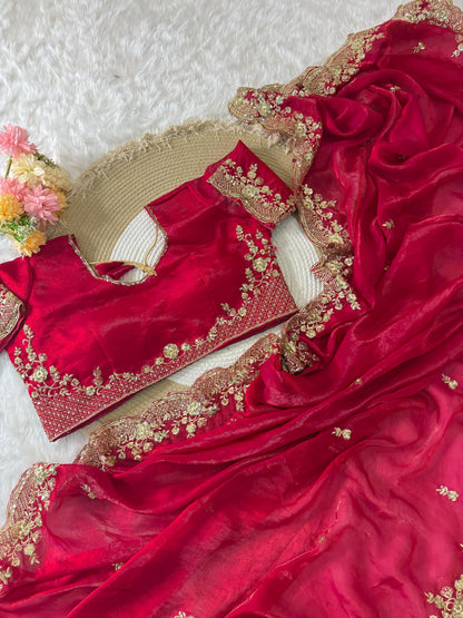 Red Color Beautifull Space Sathin With Thread Work Saree