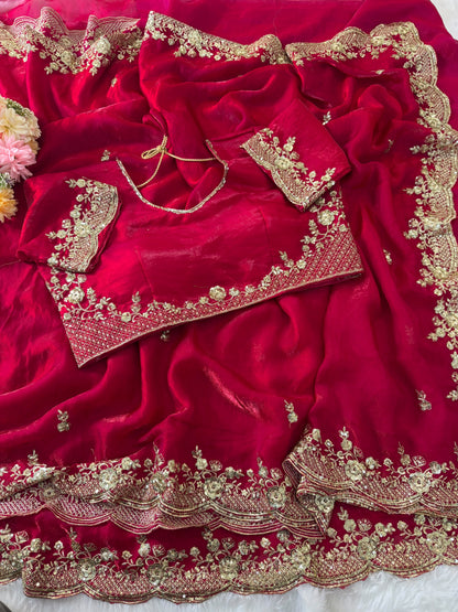 Red Color Beautifull Space Sathin With Thread Work Saree