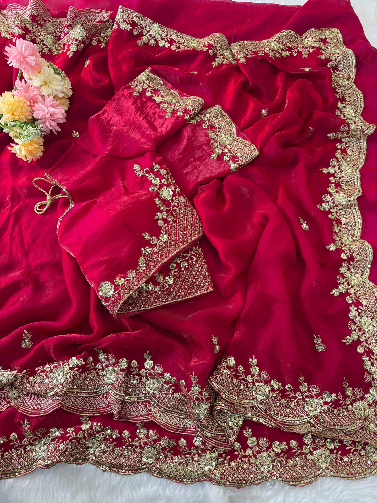Red Color Beautifull Space Sathin With Thread Work Saree