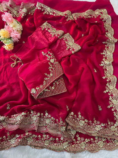 Red Color Beautifull Space Sathin With Thread Work Saree
