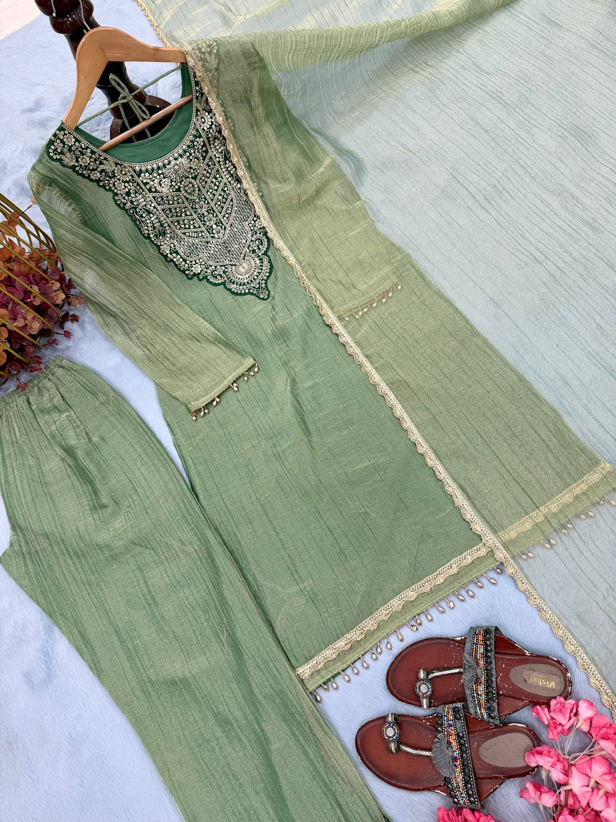 Beautifull Tissue Salsa With Sequience Work Top Plazzo