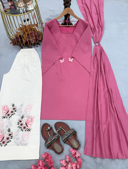 Pink Color Beautifull Roman Silk With Fancy Sleeves Top Plazzo