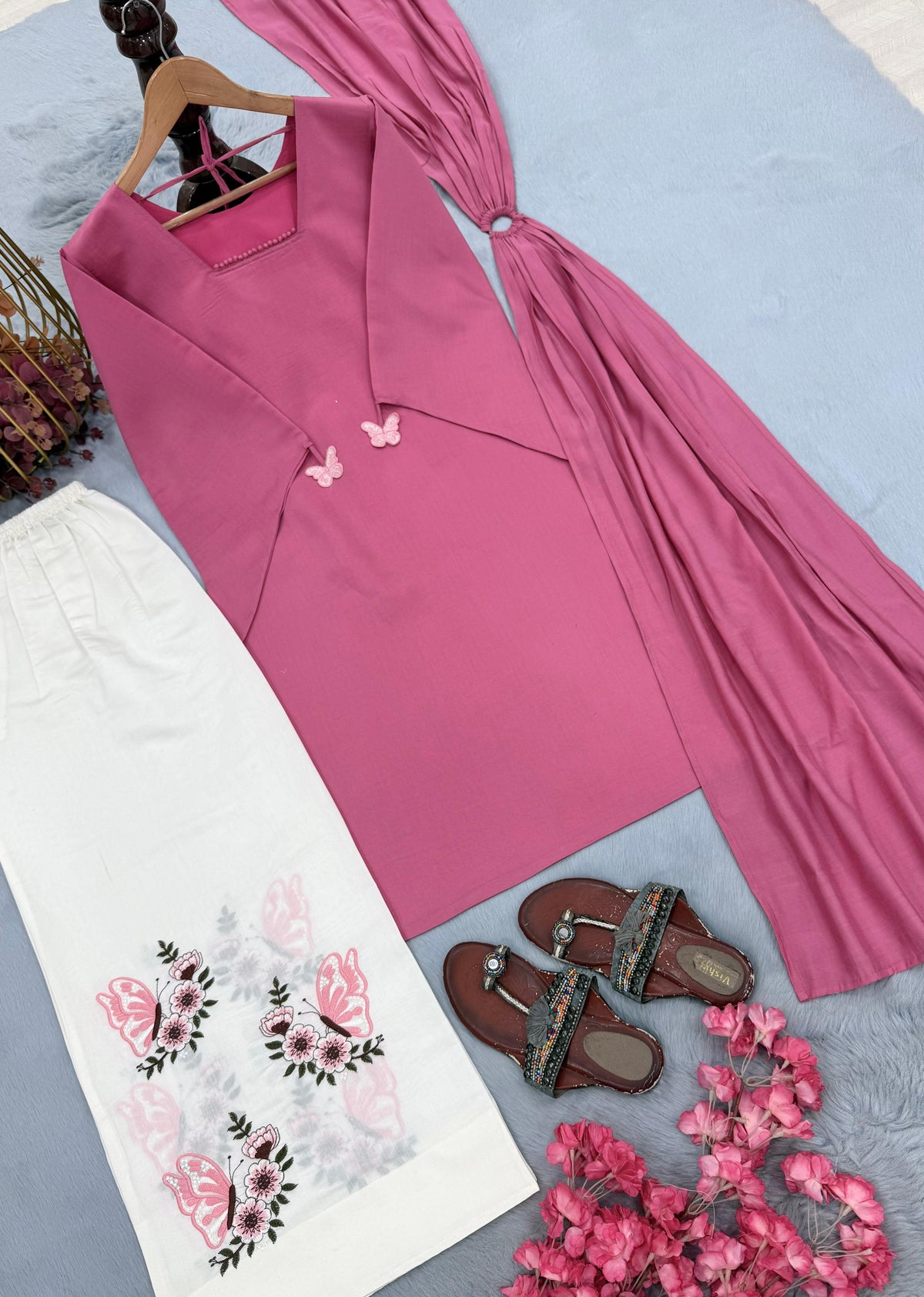 Pink Color Beautifull Roman Silk With Fancy Sleeves Top Plazzo