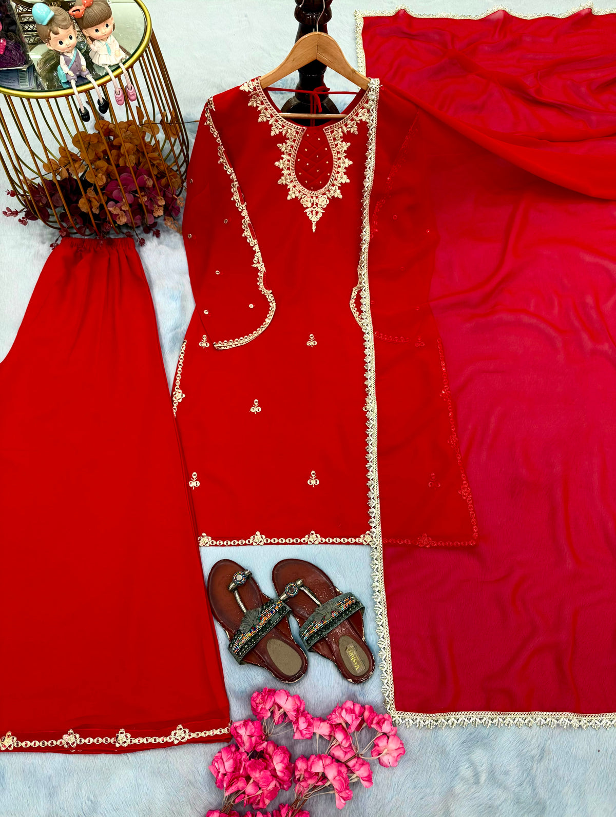 Embroidered Georgette Top, Plazzo & Dupatta Set