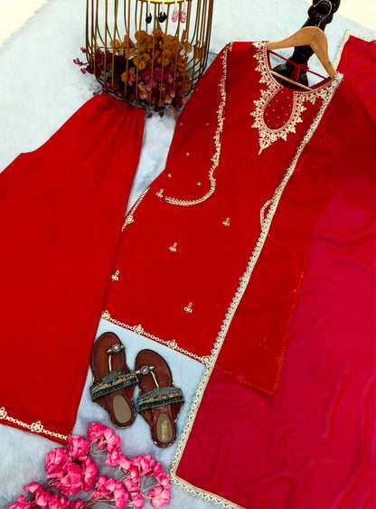 Embroidered Georgette Top, Plazzo & Dupatta Set