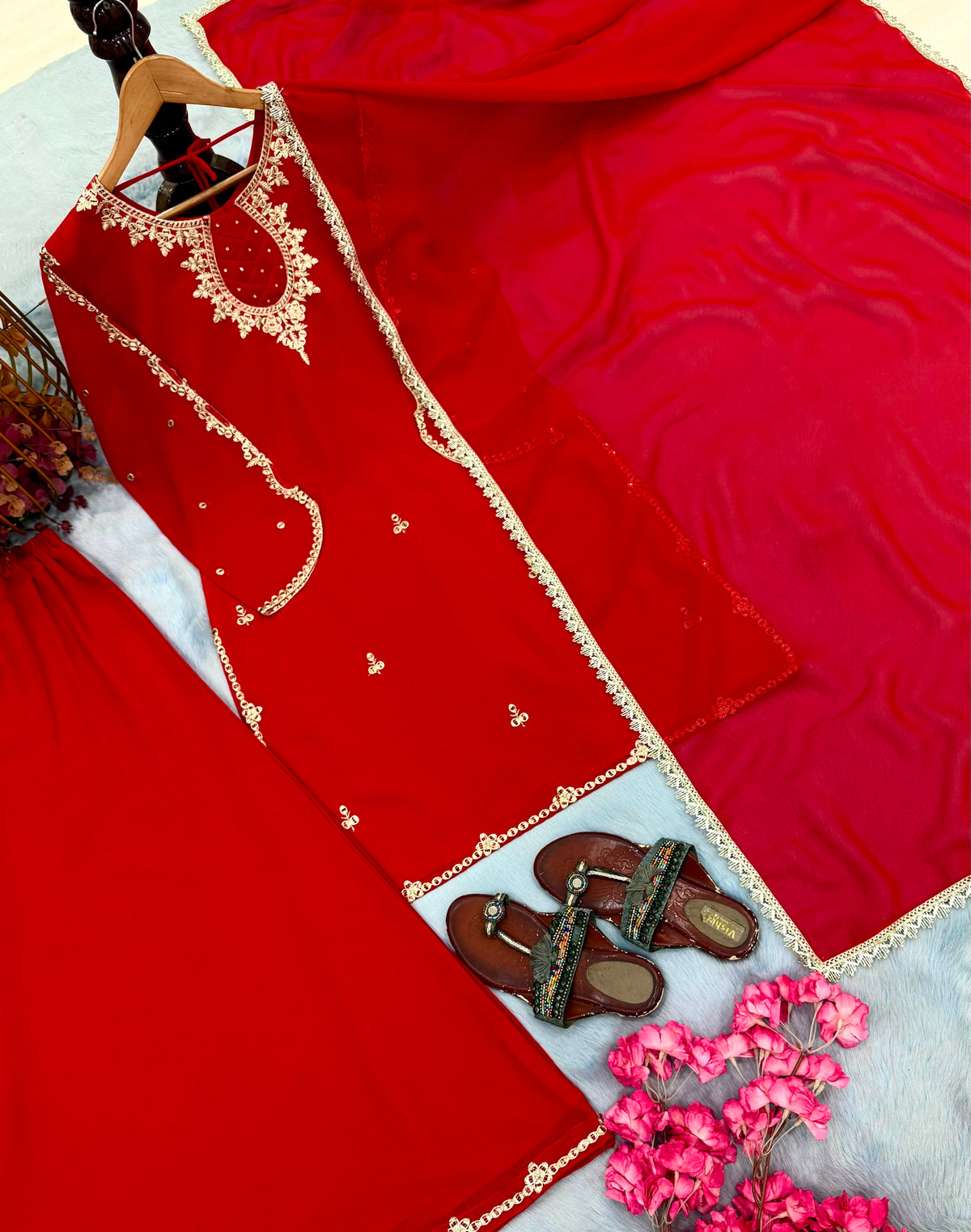 Embroidered Georgette Top, Plazzo & Dupatta Set