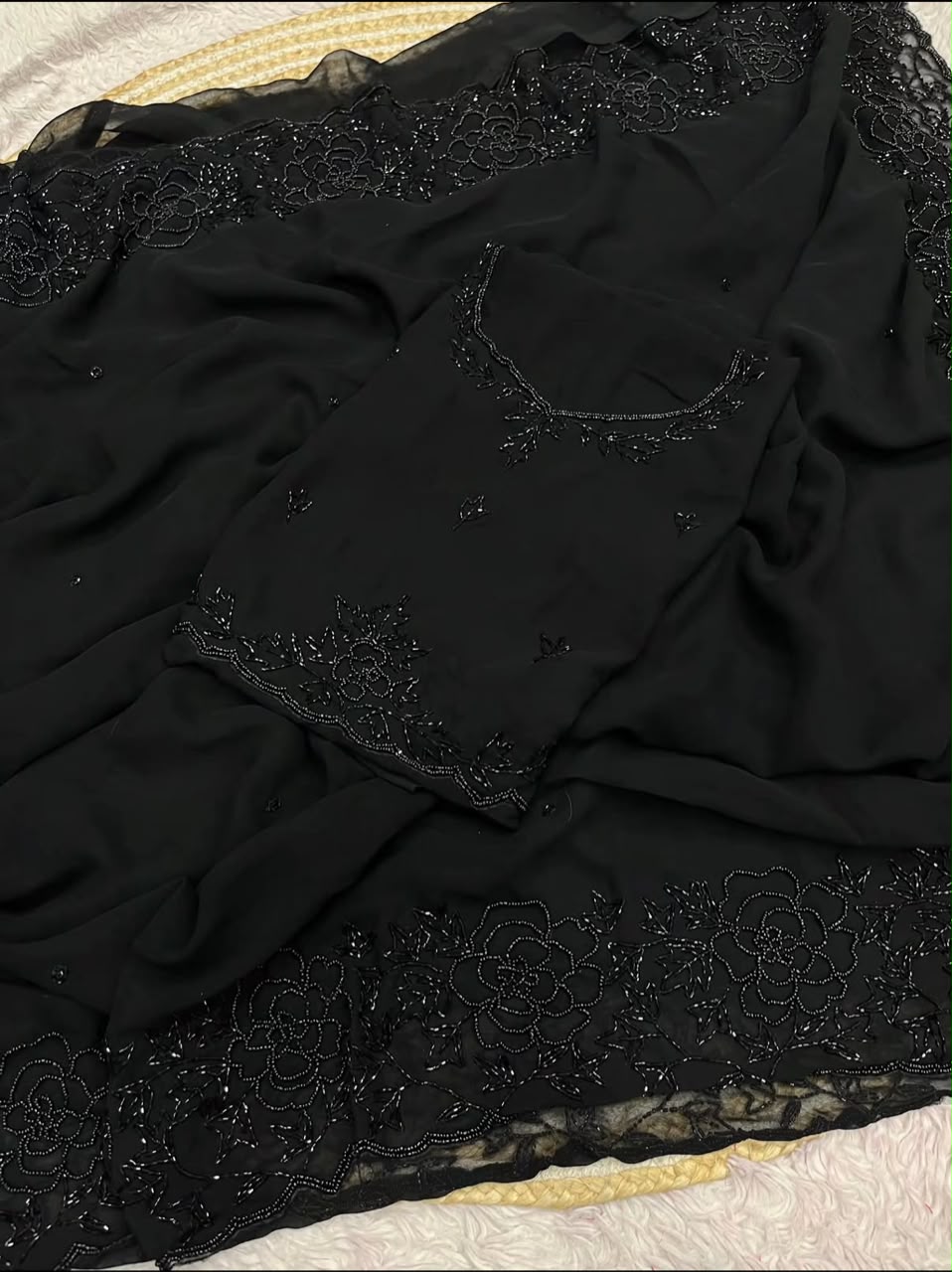 Black Color Fox Georgette Khatli Work Saree