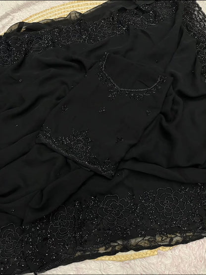 Black Color Fox Georgette Khatli Work Saree