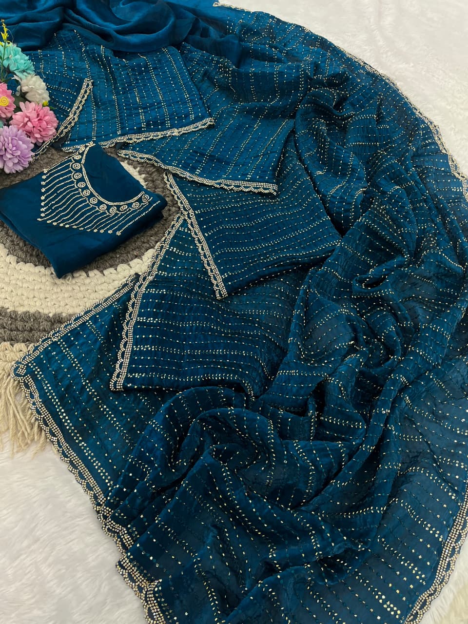 Very Soft Elegent Sequience Beads Work Saree
