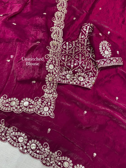 Dual Tone Fandy Satin Saree with Sequin & Zari Embroidery
