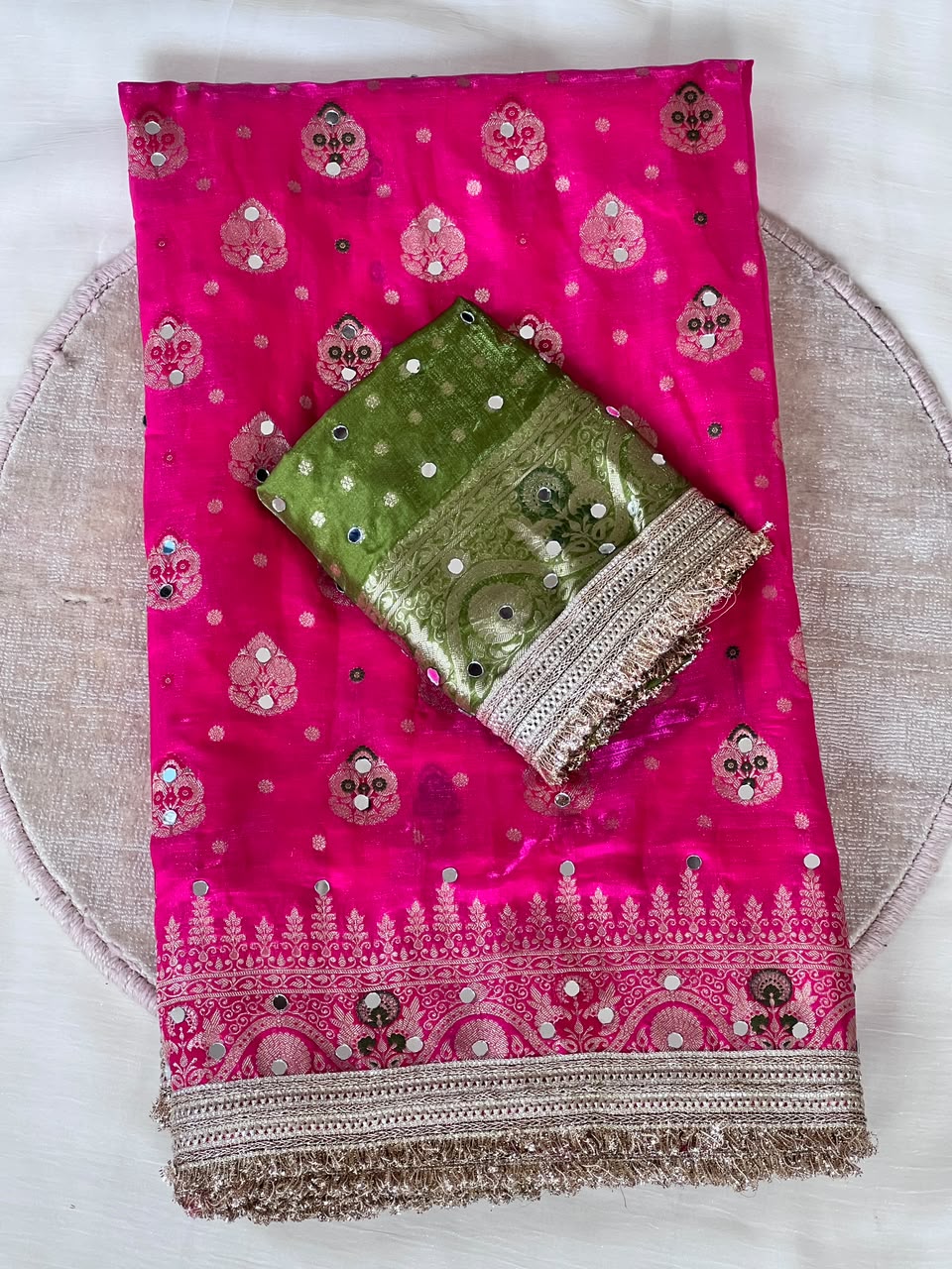 Heavy Space Silk Saree with Jaipuri Border & Mirror Work