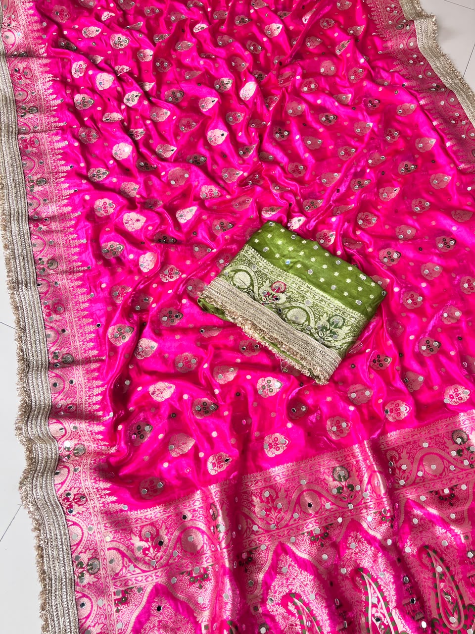 Heavy Space Silk Saree with Jaipuri Border & Mirror Work