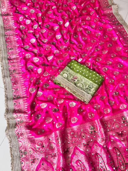 Heavy Space Silk Saree with Jaipuri Border & Mirror Work