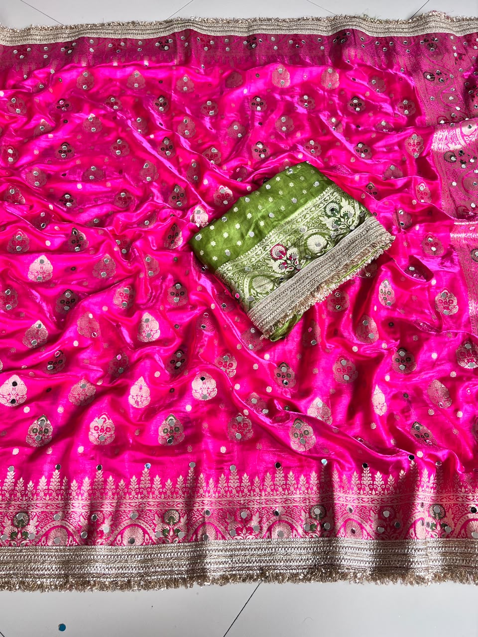 Heavy Space Silk Saree with Jaipuri Border & Mirror Work