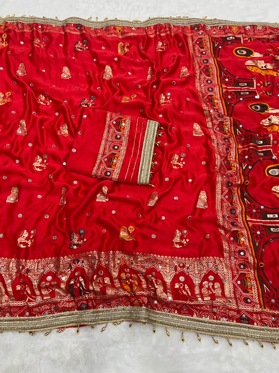 Soft Satin Silk Saree with Hand Mirror Work