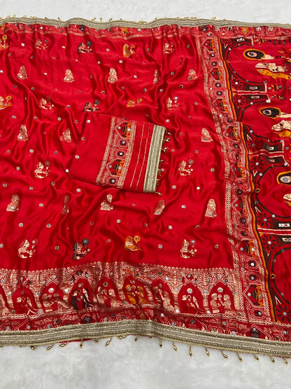 Soft Satin Silk Saree with Hand Mirror Work