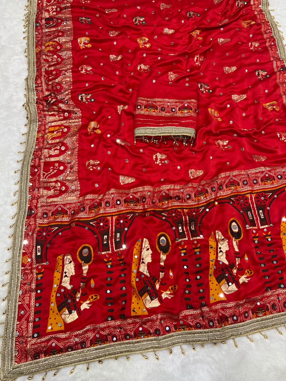 Soft Satin Silk Saree with Hand Mirror Work