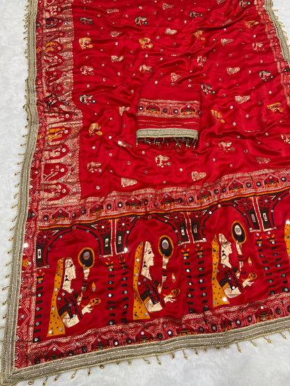 Soft Satin Silk Saree with Hand Mirror Work