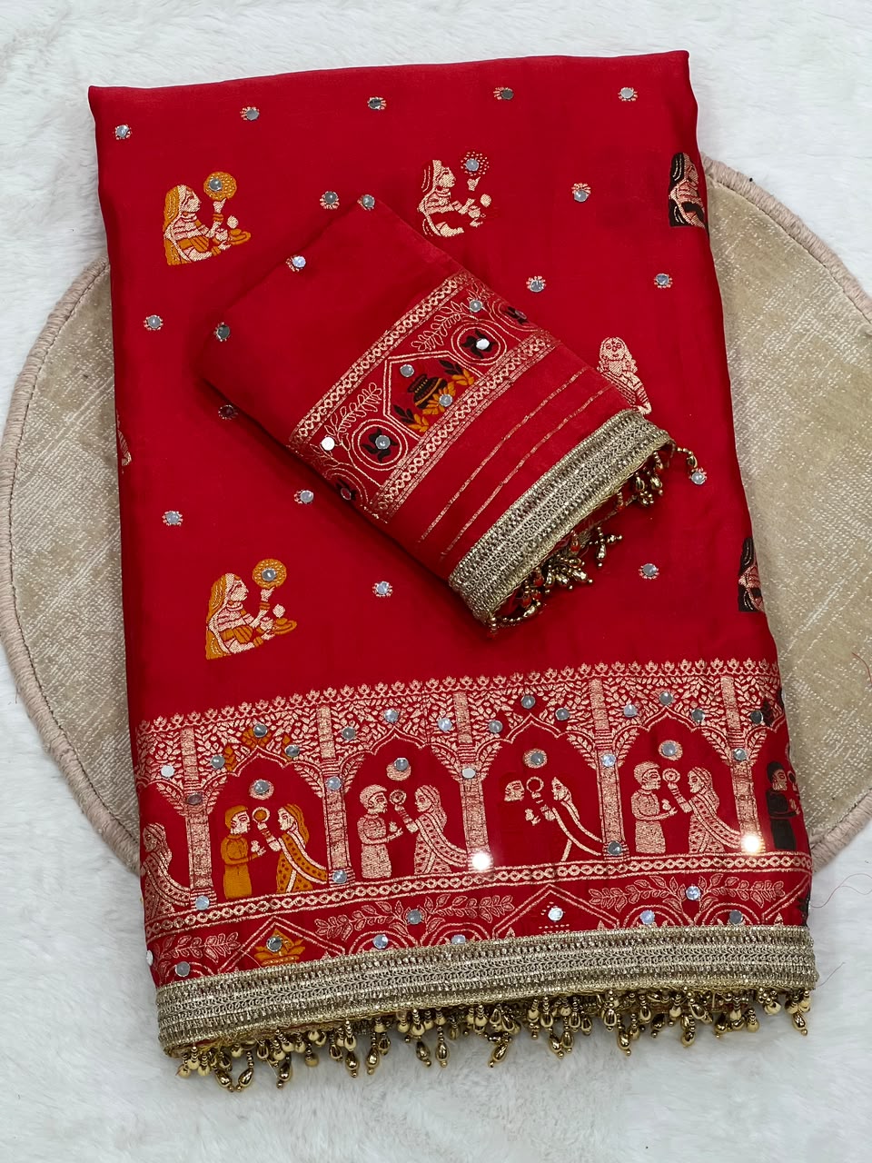 Soft Satin Silk Saree with Hand Mirror Work