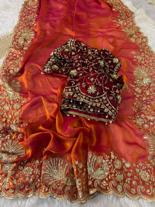 Fendy Silk Saree with Zari & Sequin Embroidery Work