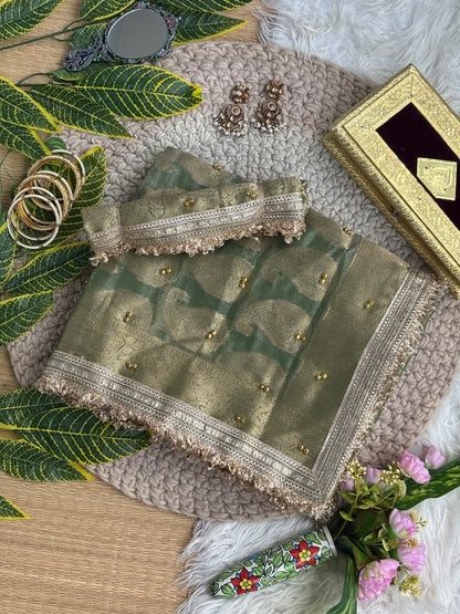 Pure Soft Banarasi Satin Silk Saree with Gungroo & Lace Work