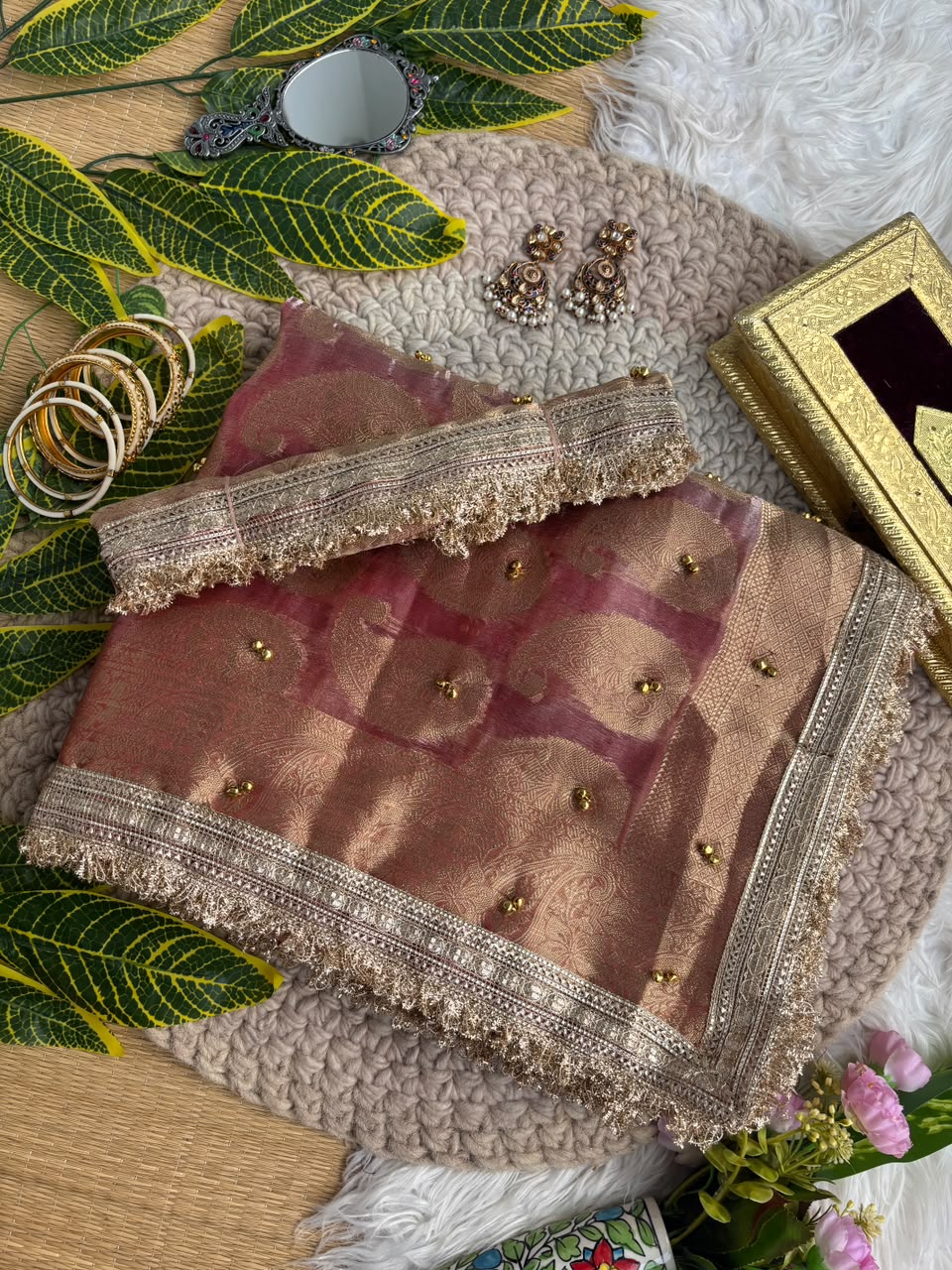 Pure Soft Banarasi Satin Silk Saree with Gungroo & Lace Work
