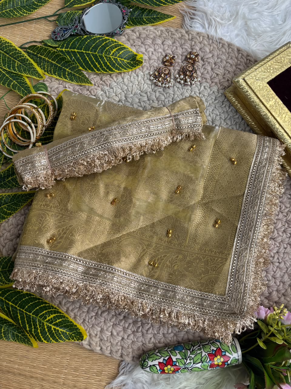 Pure Soft Banarasi Satin Silk Saree with Gungroo & Lace Work