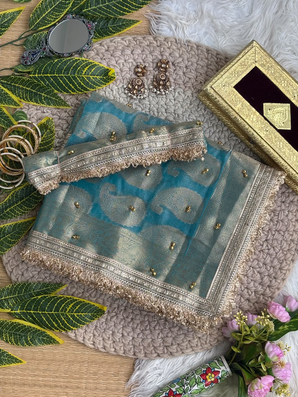 Pure Soft Banarasi Satin Silk Saree with Gungroo & Lace Work