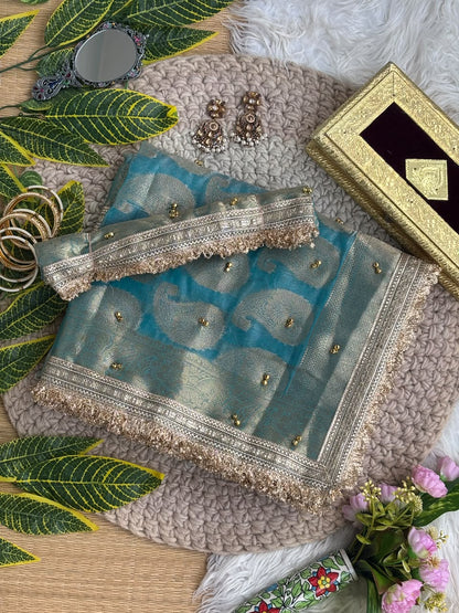 Pure Soft Banarasi Satin Silk Saree with Gungroo & Lace Work