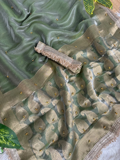 Pure Soft Banarasi Satin Silk Saree with Gungroo & Lace Work
