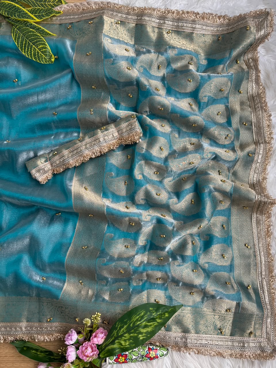 Pure Soft Banarasi Satin Silk Saree with Gungroo & Lace Work