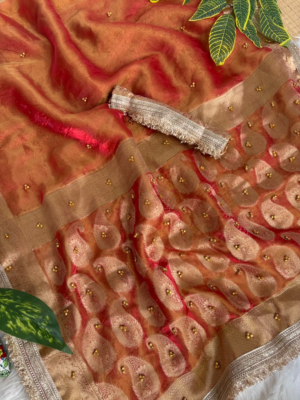 Pure Soft Banarasi Satin Silk Saree with Gungroo & Lace Work