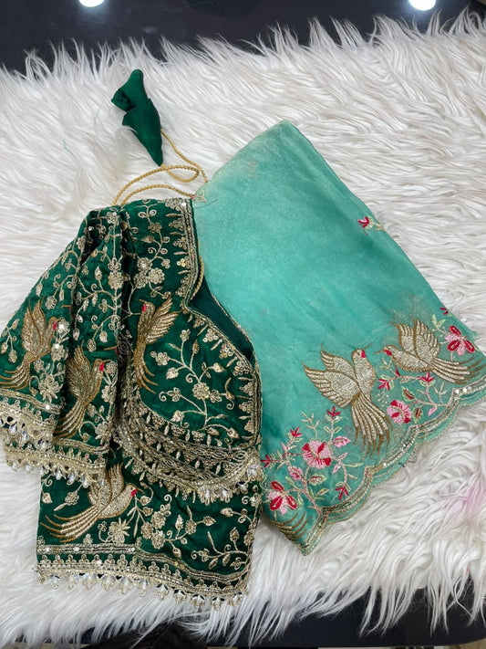 Fendy Satin Saree with Embroidery Work & Stitched Blouse