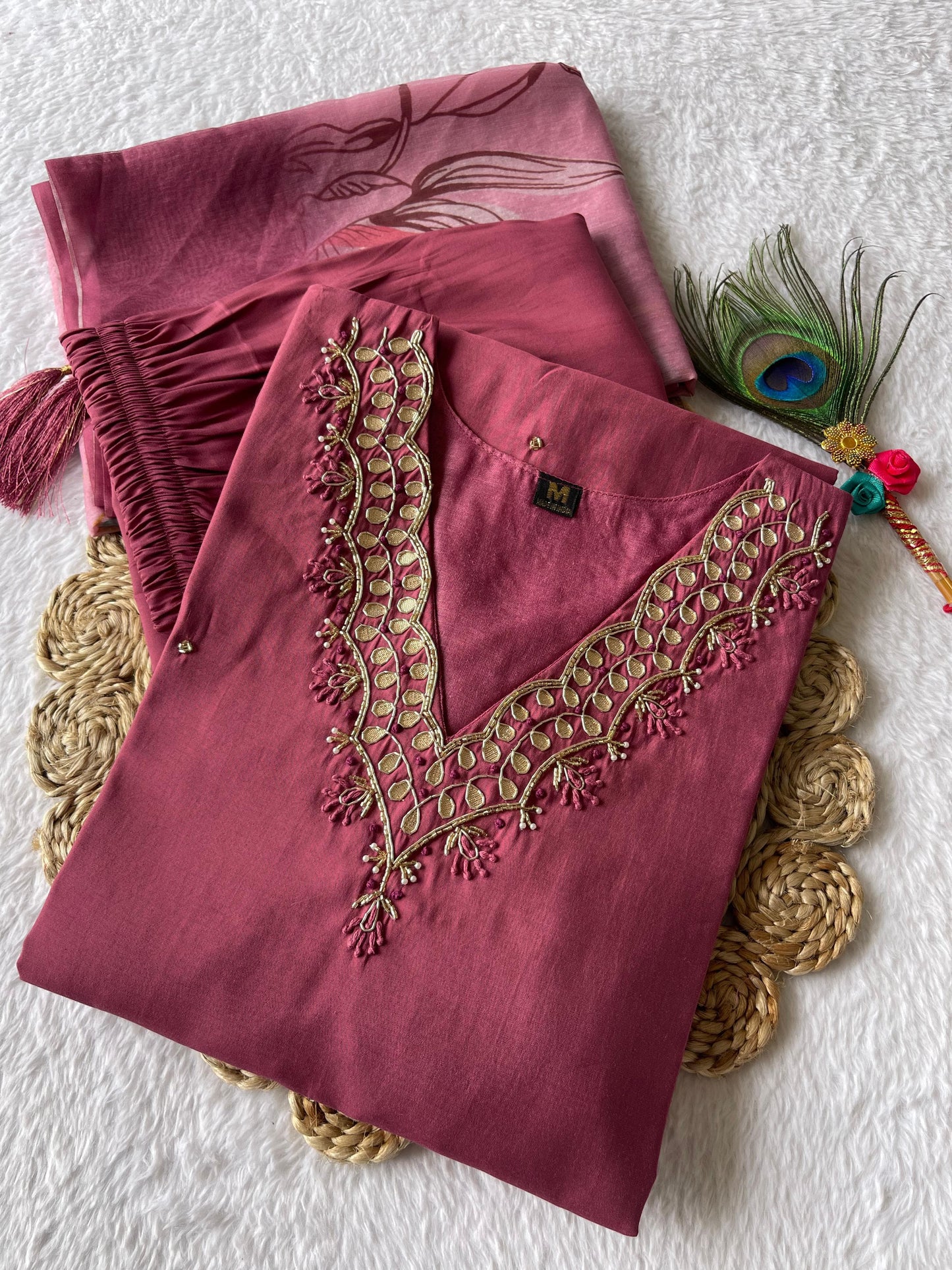 Premium Roman Silk Hand Work Kurti Set