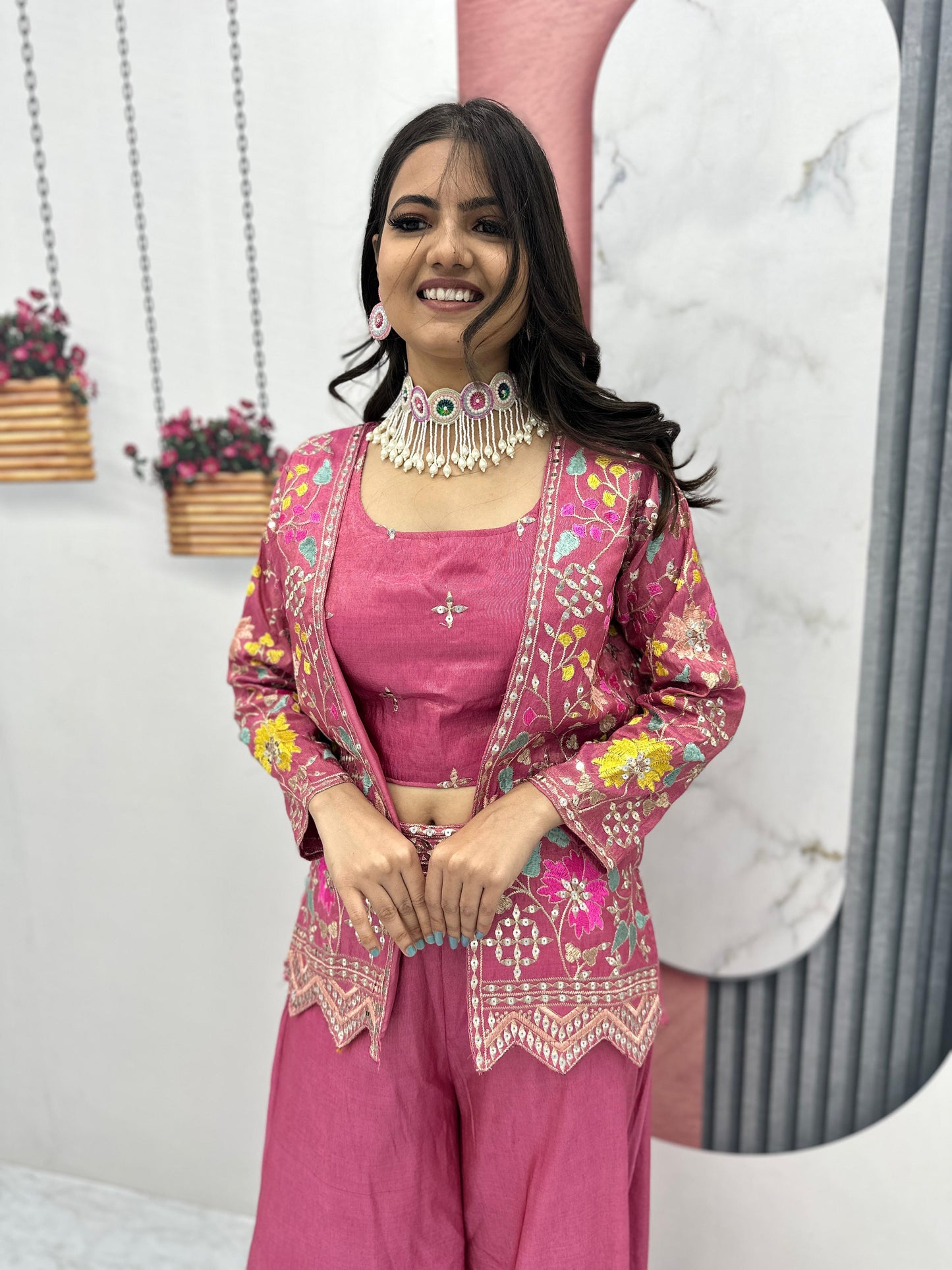PURE TISSUE SHIMMER SHRUG WITH CHOLI PLAZZO