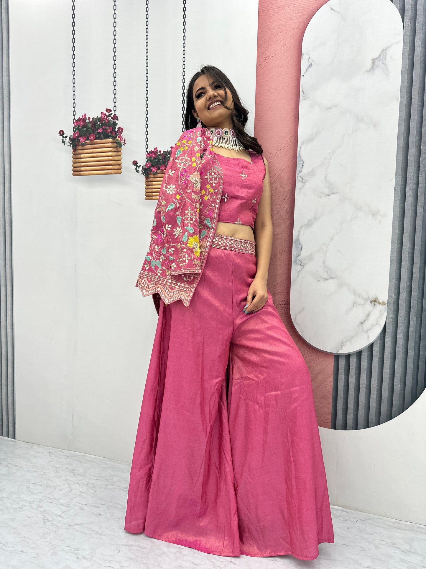 PURE TISSUE SHIMMER SHRUG WITH CHOLI PLAZZO