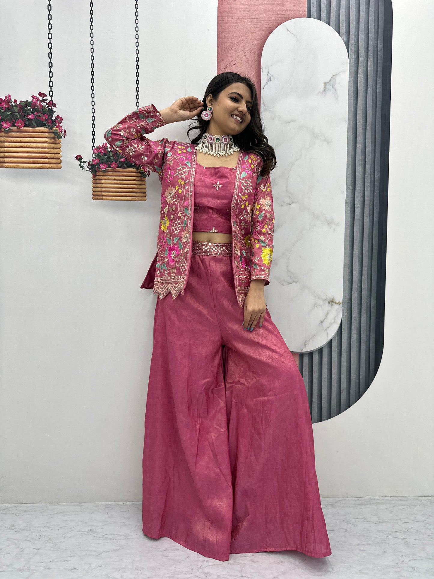 PURE TISSUE SHIMMER SHRUG WITH CHOLI PLAZZO