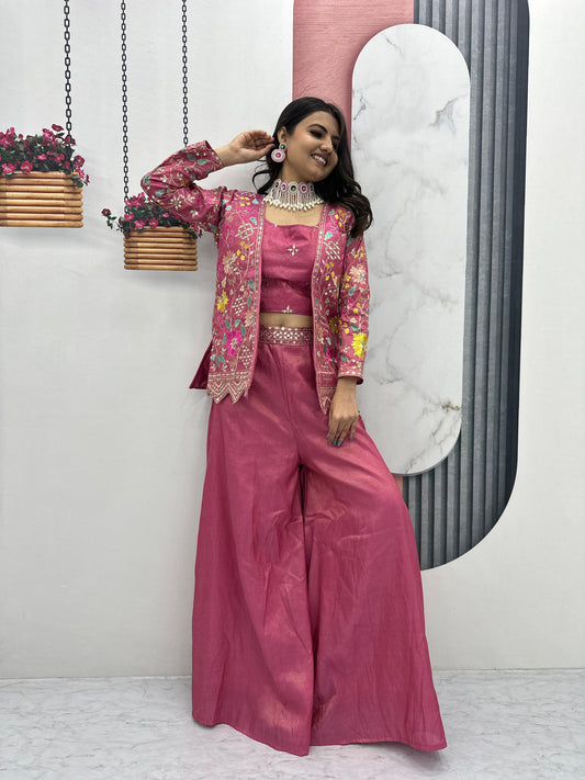 PURE TISSUE SHIMMER SHRUG WITH CHOLI PLAZZO
