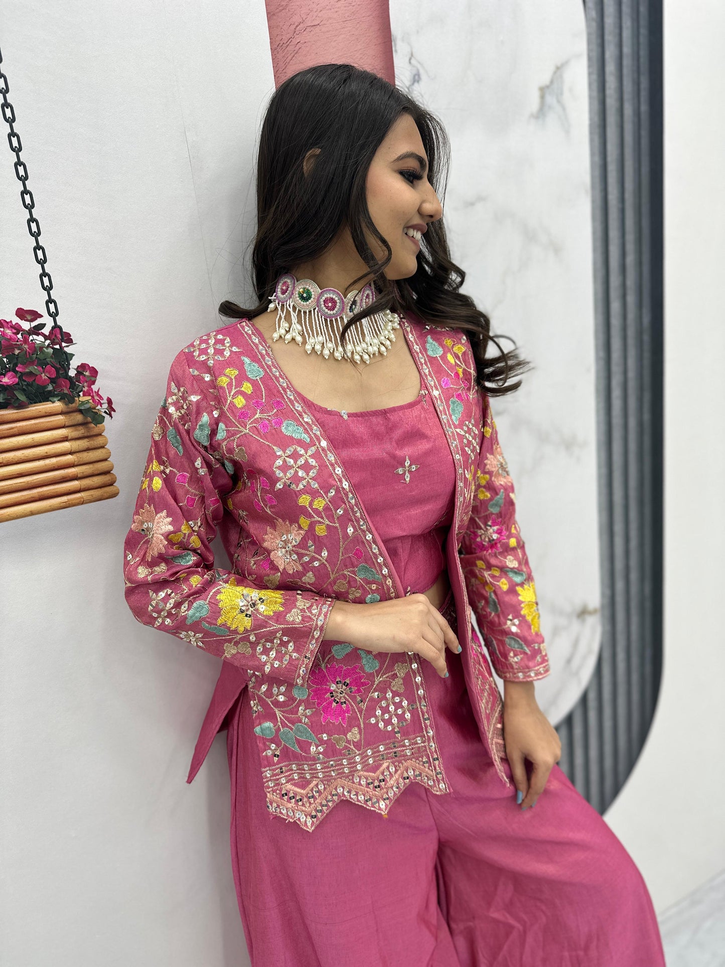 PURE TISSUE SHIMMER SHRUG WITH CHOLI PLAZZO