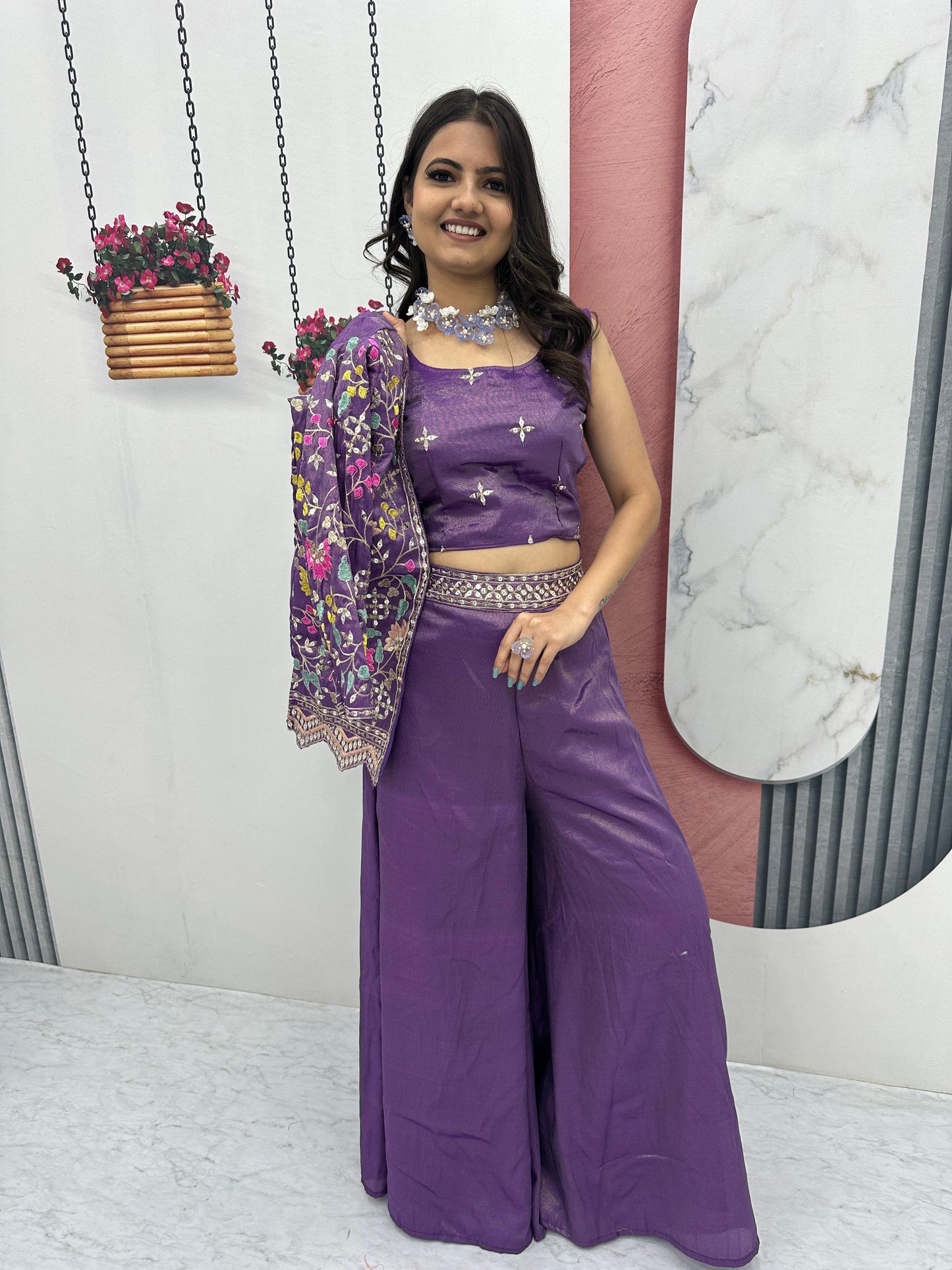 PURE TISSUE SHIMMER SHRUG WITH CHOLI PLAZZO