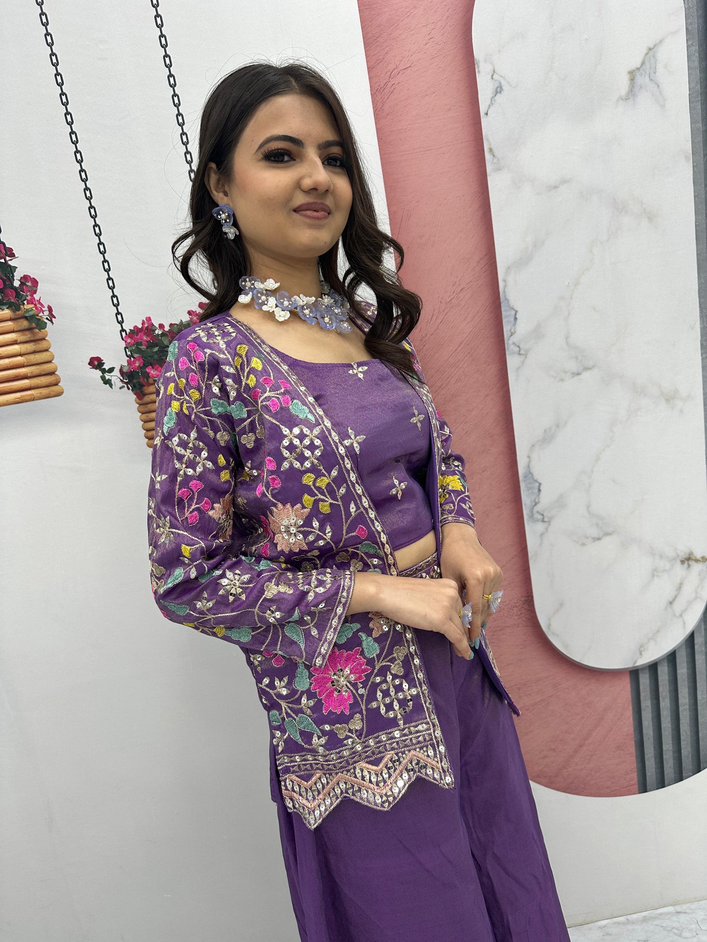 PURE TISSUE SHIMMER SHRUG WITH CHOLI PLAZZO