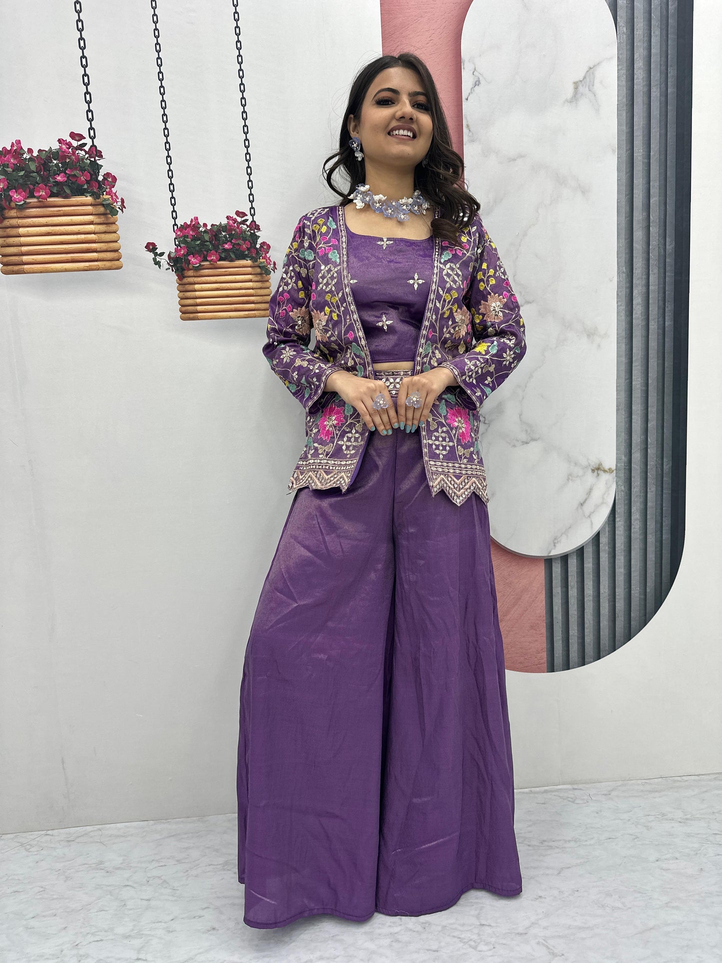 PURE TISSUE SHIMMER SHRUG WITH CHOLI PLAZZO