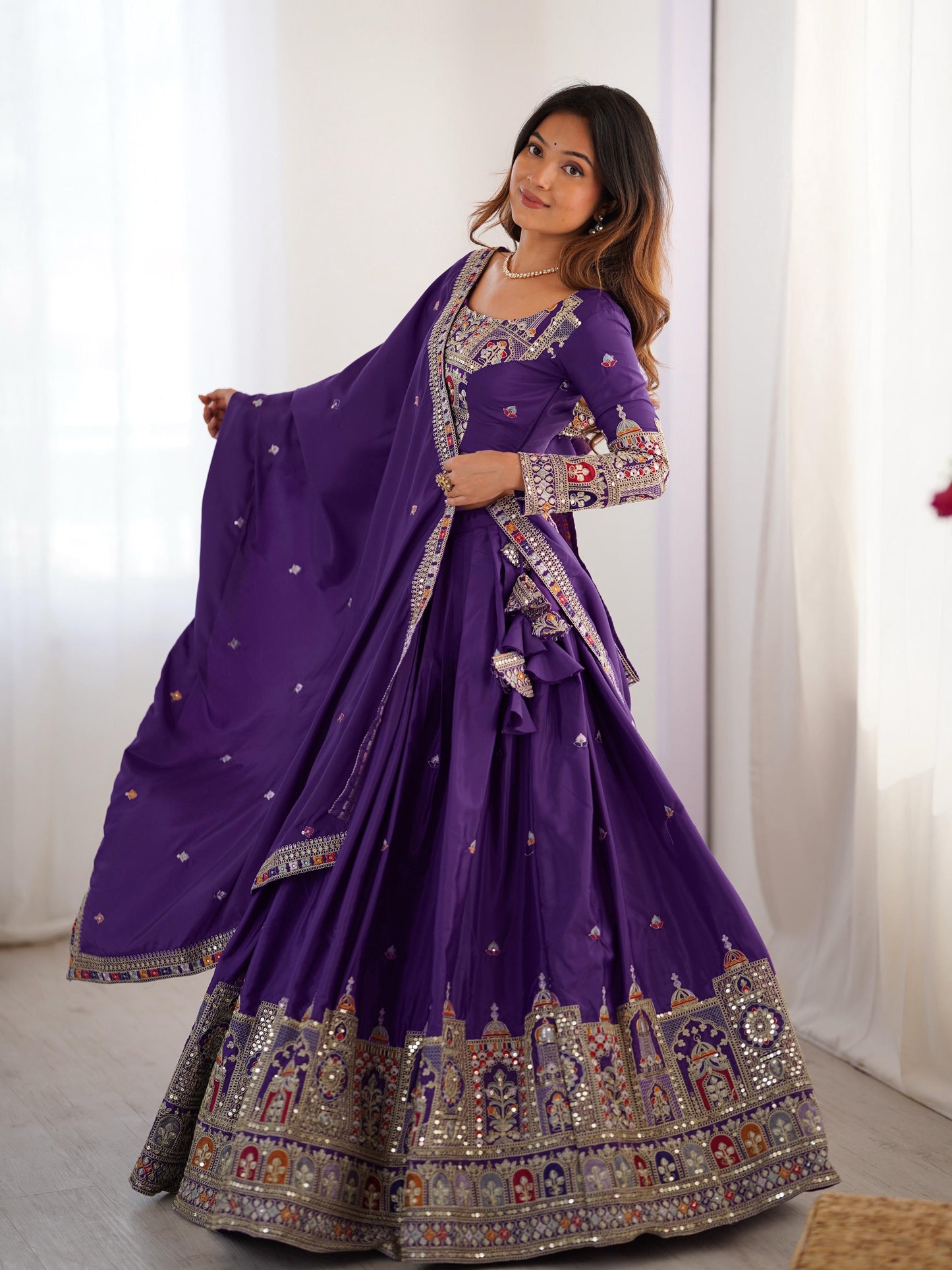 Natural Crep Silk With Thread And Sequence Work Lehenga Choli