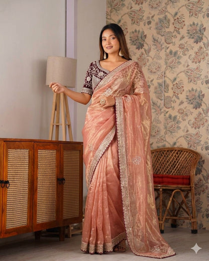 Designer Soft Satin With Sequence Zari Embroidery work saree