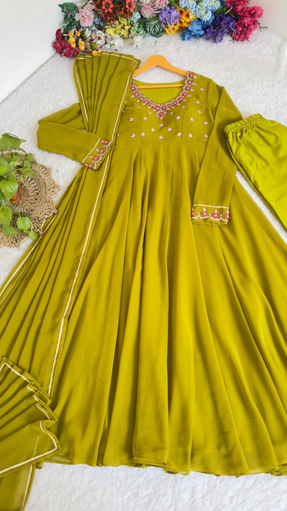 Beautiful Soft Rich Heavy Fox Georgette With Hand Work Gown Set