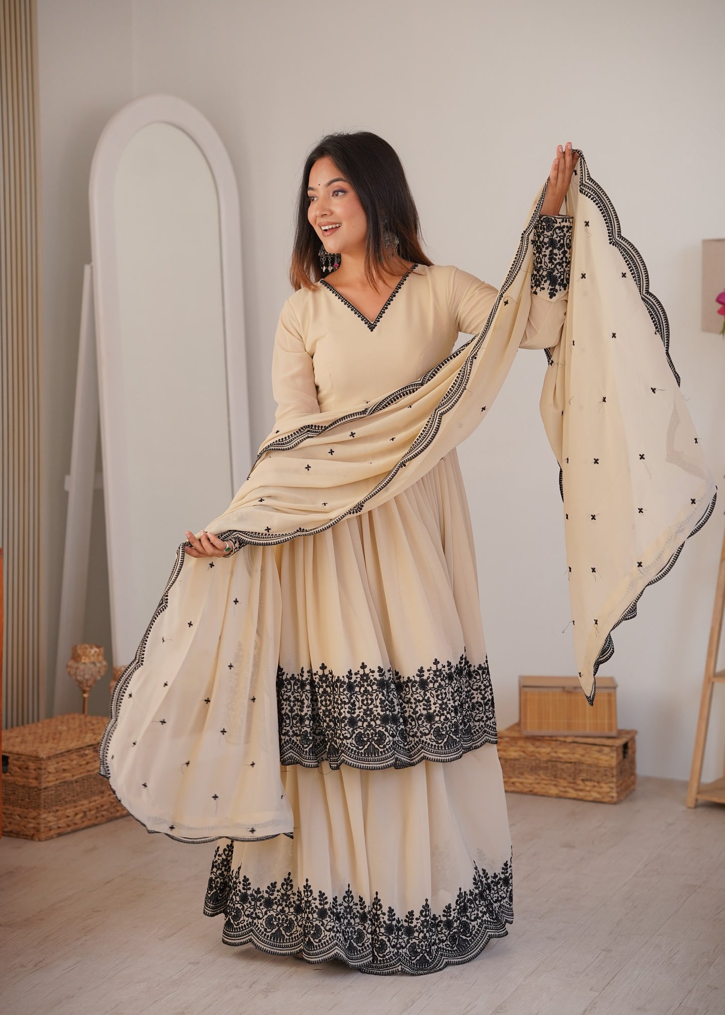 Beautiful Soft Rich Premium Faux Georgette With Thread Embroidery Work Plazzo Suit Set