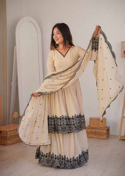 Beautiful Soft Rich Premium Faux Georgette With Thread Embroidery Work Plazzo Suit Set