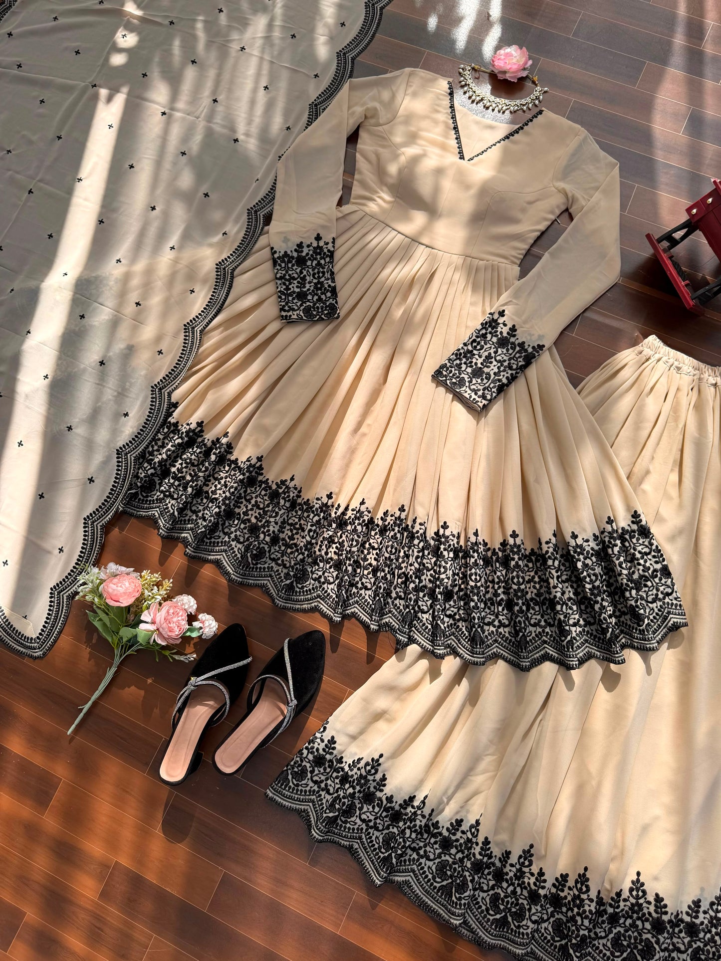 Beautiful Soft Rich Premium Faux Georgette With Thread Embroidery Work Plazzo Suit Set