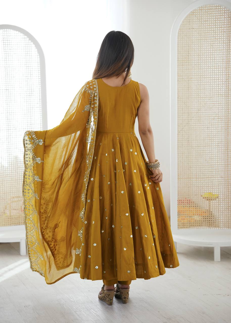 Beautiful Premium Roman Silk With Heavy Embroidery Sequence Work Gown Set