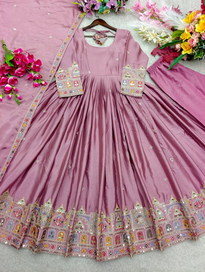 Chinon Silk 5mm Sequence Embroidery Work Gown Set